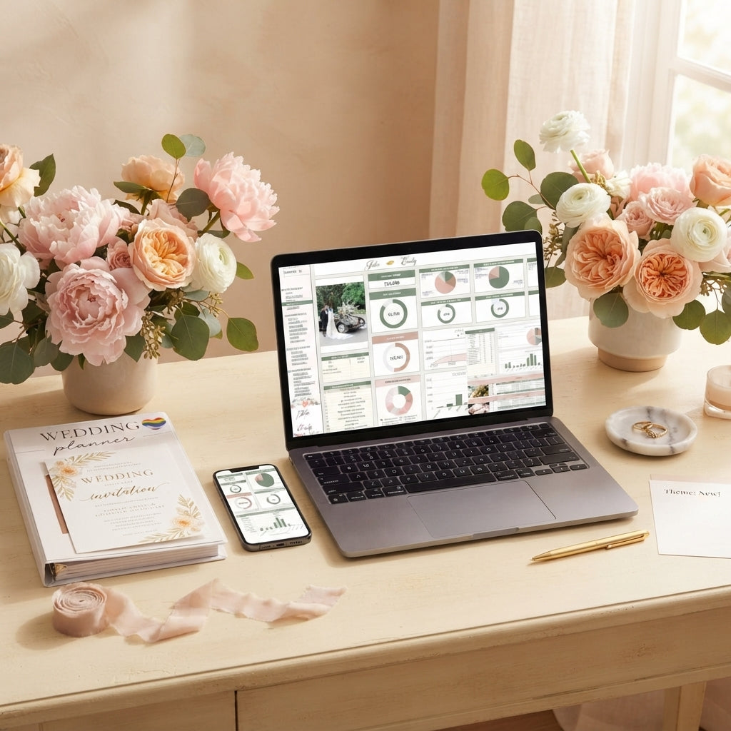 A laptop showing a wedding planner spreadsheet on a desk decorated with blush flowers, a wedding invitation, and silk ribbon.